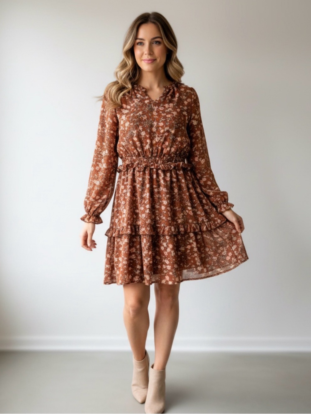 GiGiO Rust Floral Long-Sleeve Tiered Dress